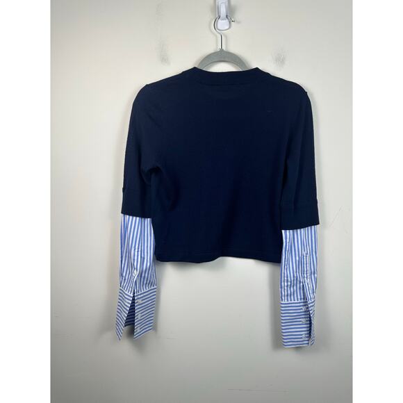 Veronica Beard Roscoe Merino Wool Navy Sweater with Striped Sleeves. Size Small - Picture 3 of 8